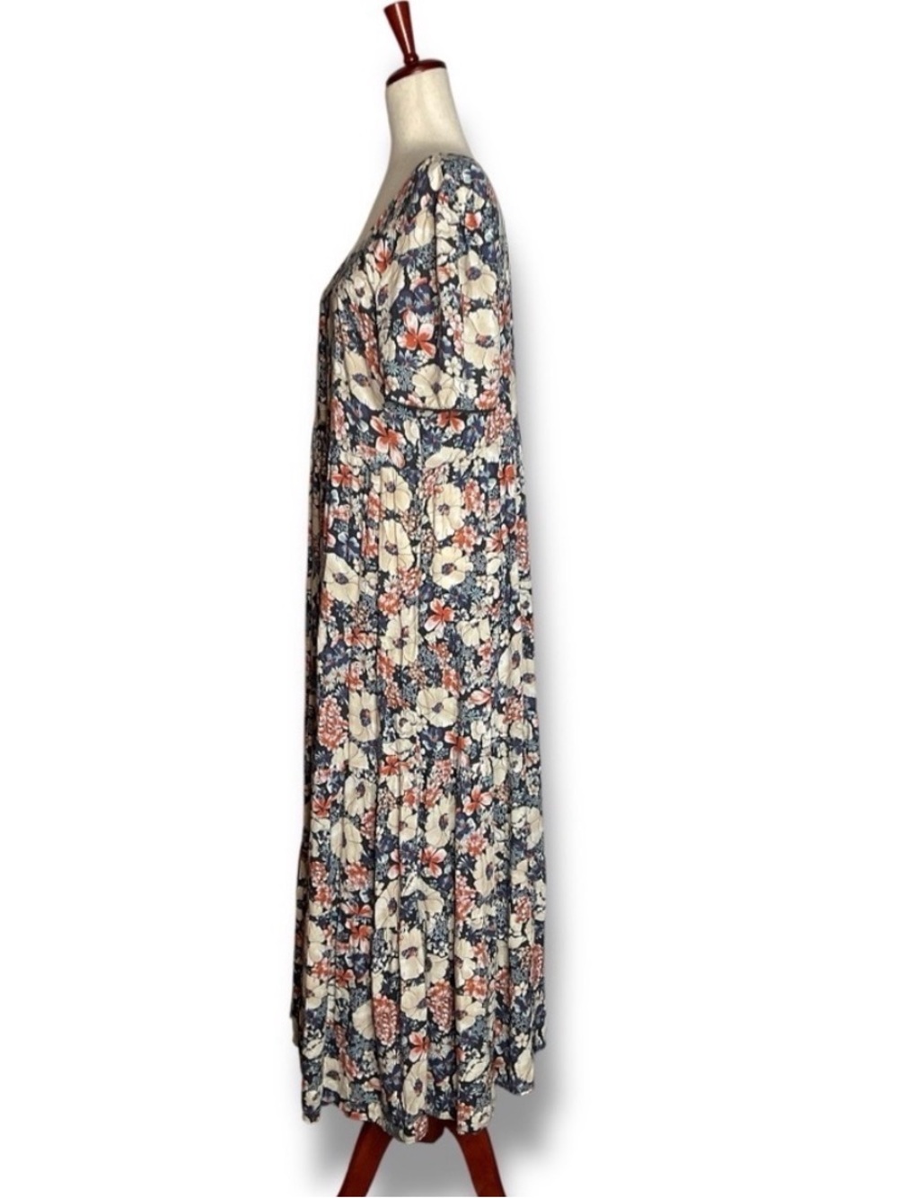 NATURAL LIFE Navy Floral Midi Dress with Cream and Coral Accents - Picture 3 of 6
